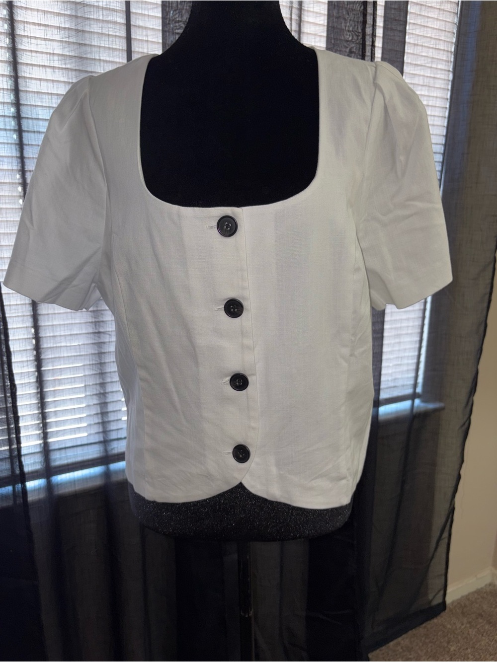 H&M White Short Sleeve Button-Front Square Neck Top